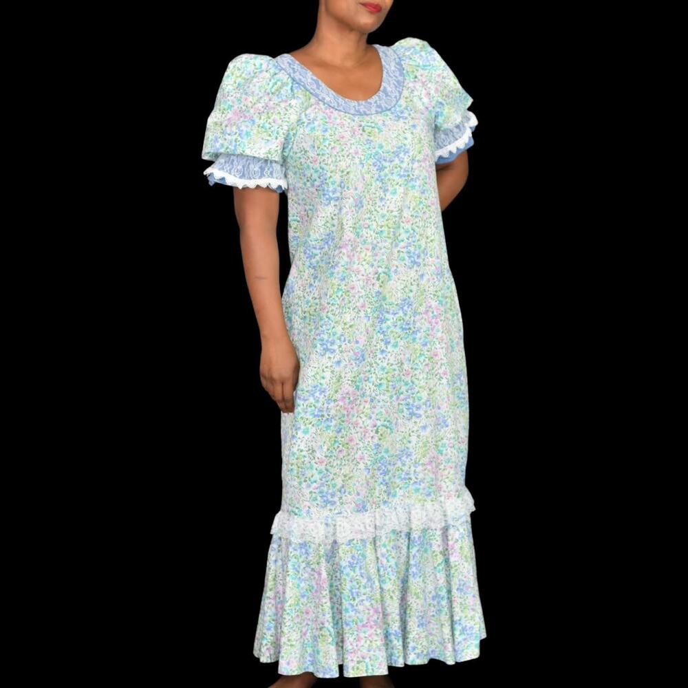 Vintage Hawaiian Dress Green Floral Column Maxi Muumuu Puff Sleeve Size Small